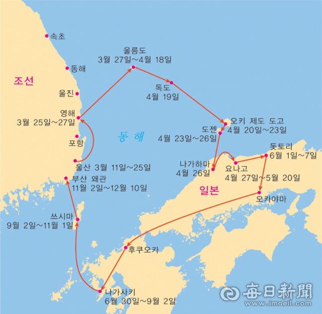 1693년 안용복과 박어둔이 일본 어민들에게 끌려 일본으로 잡혀간 뱃길. 독도재단 제공