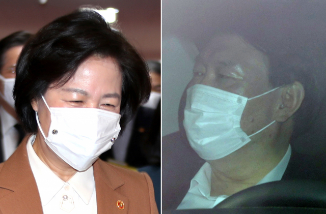 17일 오전 추미애 법무부 장관(왼쪽)이 정부서울청사에서 열린 국무회의에 참석, 윤석열 검찰총장이 서울 서초구 대검찰청으로 출근하고 있다. 연합뉴스