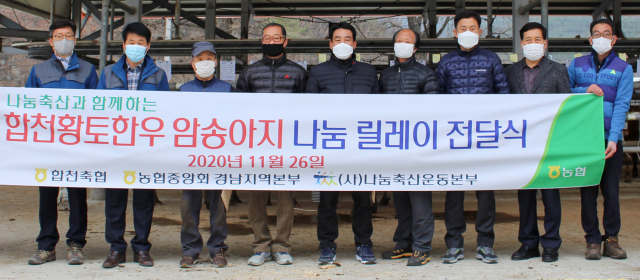 26일 열린 합천황토한우 암송아지 릴레이 전달식 참석자들이 기념촬영을 하고 있다. 합천군 제공