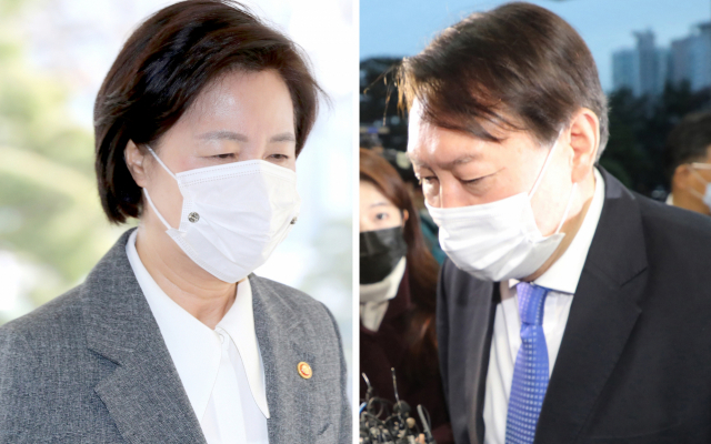 윤석열 검찰총장을 직무에서 배제한 명령의 효력을 임시로 중단하라는 법원의 결정이 나왔다. 추미애 법무부 장관(왼쪽)이 1일 오전 국무회의에 참석하기 위해 정부서울청사에 도착하고 있다. 추 장관의 직무 배제 결정으로 그동안 출근하지 못했던 윤석열 검찰총장이 이날 오후 서초구 대검찰청으로 출근하고 있다. 연합뉴스