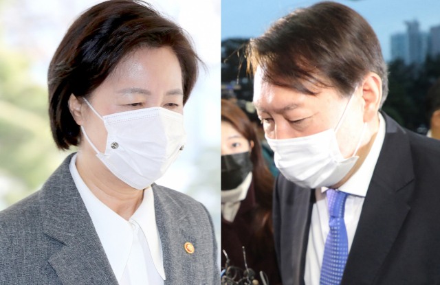 윤석열 검찰총장을 직무에서 배제한 명령의 효력을 임시로 중단하라는 법원의 결정이 나왔다. 추미애 법무부 장관(왼쪽)이 1일 오전 국무회의에 참석하기 위해 정부서울청사에 도착하고 있다. 추 장관의 직무 배제 결정으로 그동안 출근하지 못했던 윤석열 검찰총장이 이날 오후 서초구 대검찰청으로 출근하고 있다. 연합뉴스
