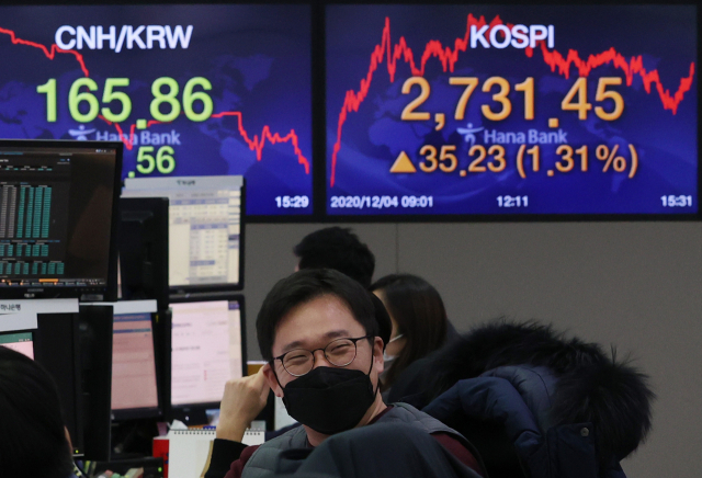 코스피가 사상 처음으로 2,700선을 넘어선 4일 오후 서울 중구 하나은행 본점 딜링룸에서 직원이 밝게 웃고 있다. 연합뉴스