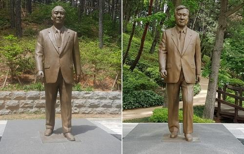 옛 대통령 별장인 청남대 안에 세워져 있는 전두환·노태우 두 전직 대통령의 동상. 철거 논란 끝에 충청북도가 이를 그대로 두기로 했다. 연합뉴스