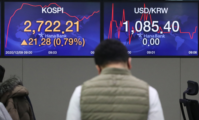 코스피가 전날의 급락에서 반등 출발한 9일 오전 서울 중구 하나은행 본점 딜링룸에서 딜러들이 업무를 보고 있다. 연합뉴스