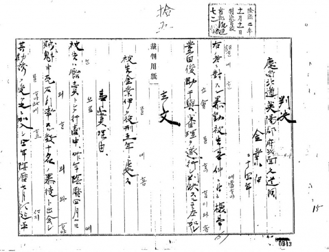 경상북도독립운동기념관이 올 해 추가 서훈을 받은 독립유공자 4명을 공개했다. 사진은 독립유공자 판결문. 독립운동기념관 제공
