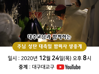 12월 24일 오후 8시 주님성탄대축일 밤미사에 대한 천주교대구대교구 홈페이지 및 유튜브 생중계 안내. 천주교대구대교구 홈페이지