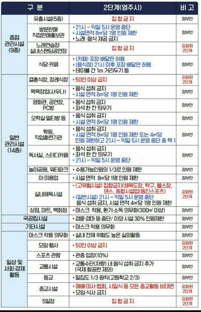 영주시 사회적거리두가 2단계 지침표. 정부안과 영주시가 마련한 강화된 2단계로 분류돼 있다. 영주시 제공