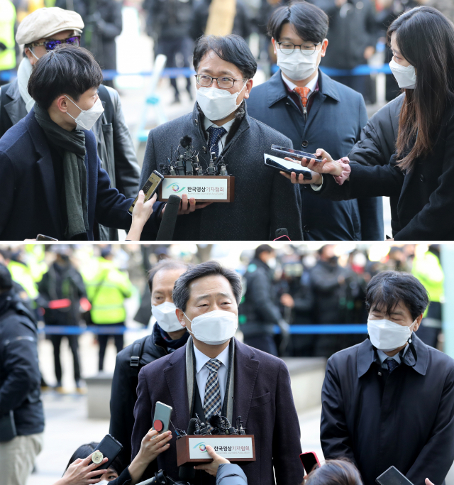 법무부 측 변호인 이옥형 변호사(위)와 윤석열 검찰총장 측 변호인 이석웅 변호사가 24일 오후 윤 총장에 대한 정직 처분 집행정지 재판 2차 심문이 열리는 서울 서초구 서울행정법원으로 들어가며 취재진의 질문에 답하고 있다. 연합뉴스
