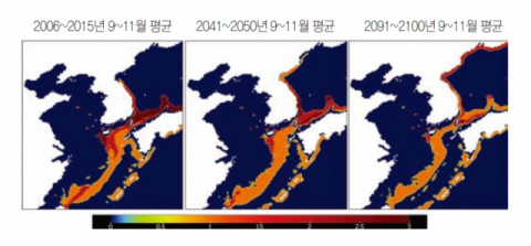 IPCC 온실가스 고배출 시나리오(RCP 8.5)를 적용한 살오징어 가을(9~11월) 산란군 산란장 분포 변화.