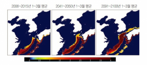 IPCC 온실가스 고배출 시나리오(RCP 8.5)를 적용한 살오징어 겨울(1~3월) 산란군 산란장 분포 변화.