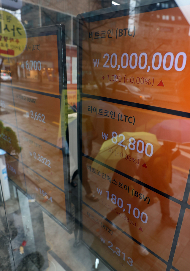 18일 가상화폐 비트코인 가격이 2년 10개월 만에 2000만원을 넘어섰다. 1비트코인이 2000만원을 넘은 것은 지난 2018년 1월 14일 이후 거의 3년 만이다. 사진은 19일 서울 강남구 빗썸 강남센터에 암호화폐 시세 현황표. 연합뉴스