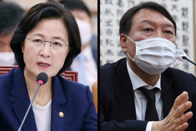 법제사법위원회 출석한 추미애 법무부 장관과 윤석열 검찰총장. 연합뉴스
