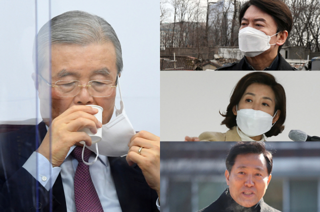 국민의힘 김종인 비상대책위원장(왼쪽), 국민의당 안철수 대표, 국민의힘 나경원 전 의원, 국민의힘 오세훈 전 서울시장.