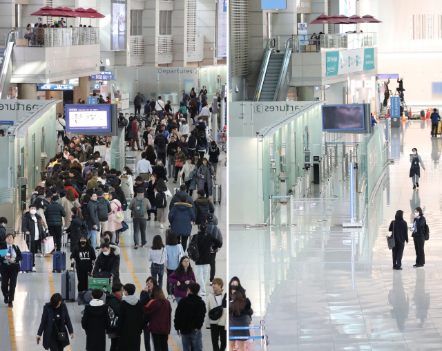 2020년 1월 23일 설 연휴를 앞두고 해외출국자들로 붐비는 인천공항 제1터미널 출국장의 모습과 1년 뒤 코로나19 여파로 한산한 인천공항 제1터미널 출국장의 모습. 연합뉴스