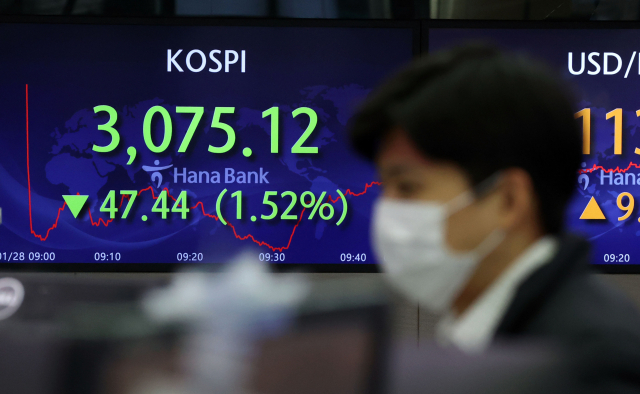 28일 오전 서울 중구 하나은행 본점 딜링룸 전광판에 코스피 지수가 표시되고 있다. 연합뉴스