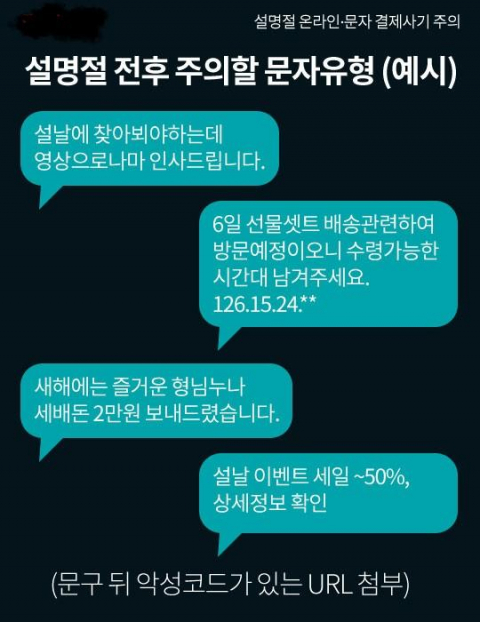 명절에 기승을 부리는 문자메시지 사기의 예시. 대구경찰청 제공