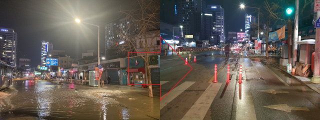 대구 반월당역 인근 상수도관 파열 사고 현장 복구 전과 후. 대구 중부소방서 제공