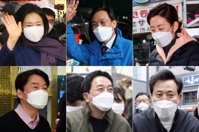 서울시장 보궐선거에 출마하는 여야 후보들이 설 연휴를 하루 앞둔 10일 오전부터 바쁜 일정을 소화하고 있다. 더불어민주당 박영선 예비후보(왼쪽 위), 더불어민주당 우상호 예비후보,국민의힘 나경원 예비후보, 국민의당 안철수 예비후보(왼쪽 아래), 무소속 금태섭 예비후보, 국민의힘 오세훈 예비후보. 연합뉴스