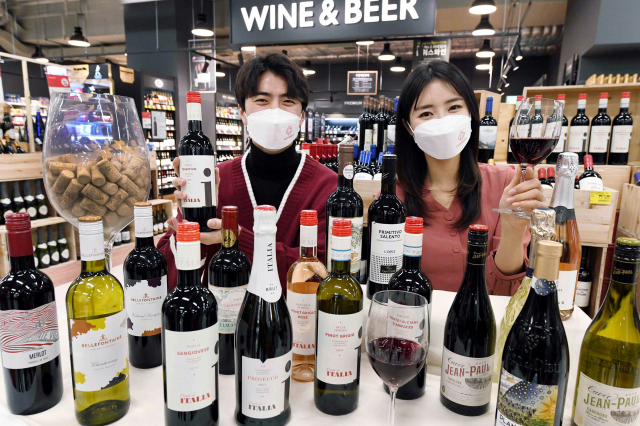 홈플러스는 늘어난 홈술족을 겨냥해 와인 선택의 폭을 넓히고자 이탈리아, 프랑스, 스페인 등 유럽 지역 와인 23종을 새로 출시했다. 모델들이 지난달 18일 홈플러스 매장에서 유럽 와인 23종을 선보이고 있다. 홈플러스 제공