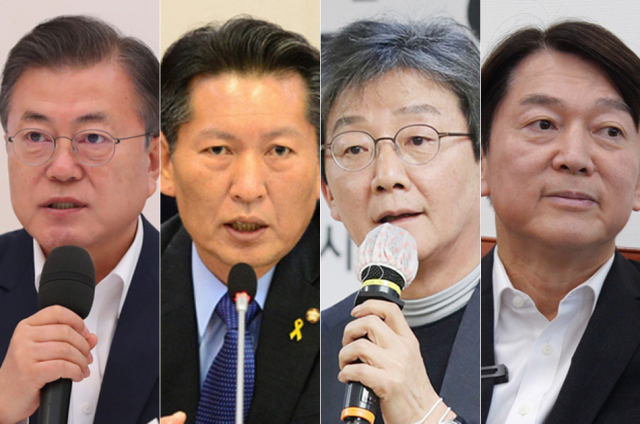 문재인 대통령(왼쪽), 더불어민주당 정청래 의원, 국민의힘 유승민 전 의원, 국민의당 안철수 대표. 매일신문DB