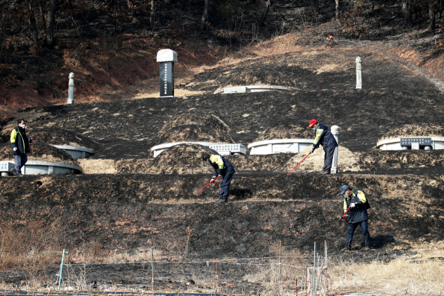 22일 경북 안동시 임동면 일대 한 가족 묘원에서 의용소방대원들이 산불 잔불 정리를 하고 있다. 전날 오후 임동면 망천리 야산에서 시작된 산불은 수 ㎞ 떨어진 중평리까지 번져 인근 주민 108명이 몸을 피했다. 소방당국과 산림청은 이날 오후 주불 진화를 마쳤다. 연합뉴스