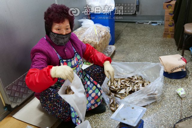 경북 청송 진보객주전통시장 내 영성상회 주인 이홍분 할머니가 온라인으로 주문받은 반건조 도루묵을 포장하고 있다. 케이포스트 제공