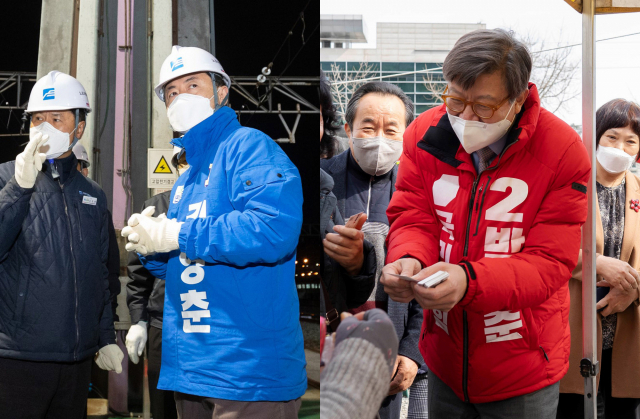 김영춘(더불어민주당·왼쪽) 박형준(국민의힘·오른쪽) 부산시장 보궐선거 예비후보가 7일 부산 금정구 노포동에 있는 부산교통공사 차량사업소와 오시게 5일장을 찾아 민생을 살펴보고 있다. 연합뉴스