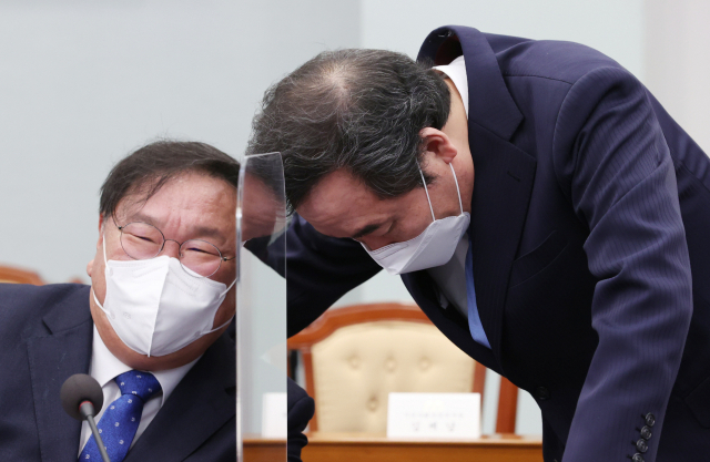더불어민주당 이낙연 대표(오른쪽)와 김태년 원내대표가 8일 오후 청와대에서 열린 법무부·행정안전부 업무보고에서 대화하고 있다. 연합뉴스