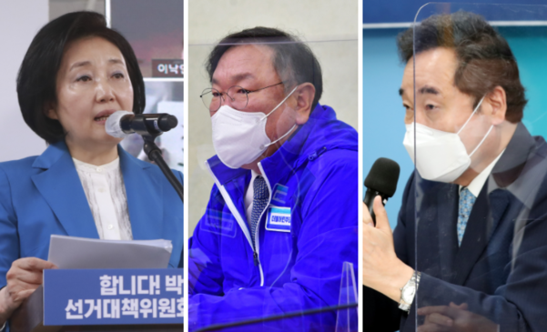 박영선 더불어민주당 서울시장 후보,김태년 민주당 당 대표 직무대행, 이낙연 민주당 선대위원장. 연합뉴스