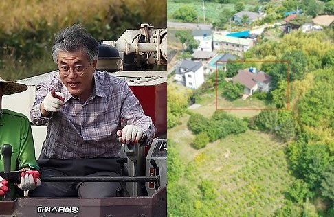 18대 대선을 2개월 앞둔 2012년 10월 10일 당시 벼베기 돕기에 나섰던 문재인 민주통합당 후보, 경남 양산 사저 예정지. 연합뉴스