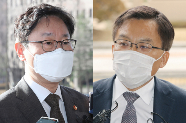 박범계 법무부 장관, 조남관 검찰총장 직무대행. 연합뉴스