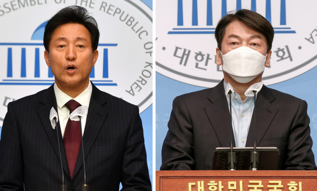 국민의힘 오세훈 서울시장 후보와 국민의당 안철수 서울시장 후보가 19일 국회 소통관에서 각각 단일화에 대한 입장을 밝히는 기자회견을 하고 있다. 연합뉴스