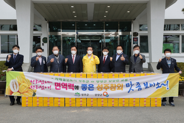 경북 성주군 관계자들이 강원도 양양군을 방문해 사전 주문받은 성주참외를 전달하고 양양군 관계자와 파이팅을 외치고 있다. 성주군 제공