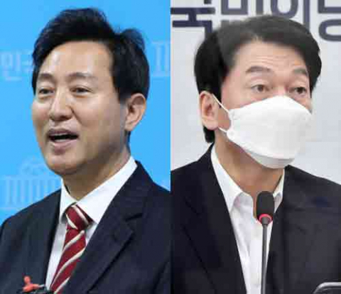 야권 후보 단일화를 위한 여론조사가 시작된 22일 오전 서울 여의도 국회에서 국민의힘 오세훈(왼쪽) 서울시장 후보와 국민의당 안철수 서울시장 후보가 각각 기자회견을 갖고 있다. 연합뉴스