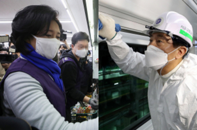 4·7 재보궐 선거운동 첫날인 25일 자정께 첫 선거운동으로 더불어민주당 박영선 서울시장 후보는 마포구 홍대 앞 한 편의점에서 야간 아르바이트를(왼쪽), 국민의힘 오세훈 서울시장 후보는 성동구 서울교통공사 군자차량사업소에서 지하철 코로나 방역활동을 하고 있다. 연합뉴스