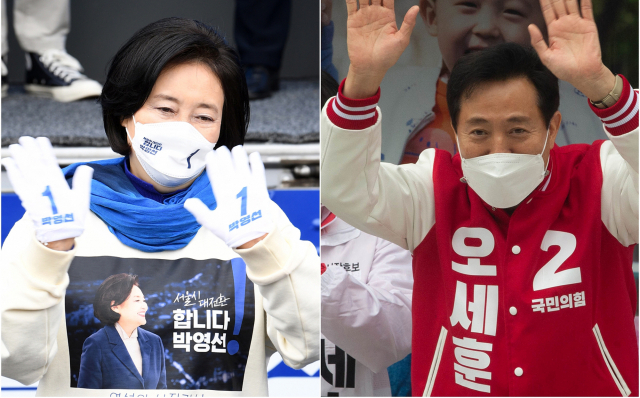 서울시장 보궐선거를 열흘 앞둔 지난 28일 더불어민주당 박영선 서울시장 후보와 국민의힘 오세훈 서울시장 후보가 각각 서초구 고속버스터미널과 강남구 코엑스 동문광장에 열린 집중 유세에서 인사하고 있다. 연합뉴스