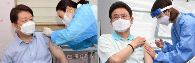 권영진(왼쪽) 대구시장과 이철우 경북도지사가 지난 1일 오전 대구 중구보건소와 안동시 보건소에서 각각 아스트라제네카 백신을 접종하고 있다. 대구시·경북도 제공