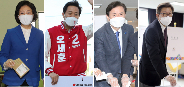 4·7 재·보궐선거 사전투표 첫날인 2일 오전 서울시장 후보로 나선 더불어민주당 박영선(왼쪽) 후보가 서울 종로구청 투표소에서 투표하고 있고 국민의힘 오세훈 (왼쪽에서 두 번째) 후보는 세종대로 사거리에서 출근길 선거유세를 하고 있다. 부산시장 후보로 나선 더불어민주당 김영춘(왼쪽 세 번째) 후보는 부산진구노인장애복지관에서 투표를 했고 국민의힘 박형준 후보는 부산 해운대구청에서 투표했다. 연합뉴스