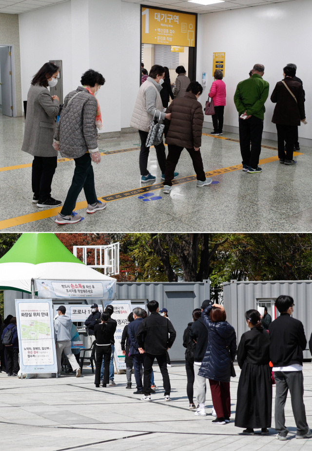 5일 대구 중구 지역접종센터인 계명대 대구동산병원과 임시선별검사소가 마련된 국채보상운동기념공원에서 각각 백신접종(위)과 코로나19 검사를 위해 시민들이 차례를 기다리고 있다. 대구시는 