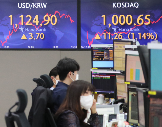 코스닥지수가 20년 7개월 만에 1,000선을 넘어섰다. 12일 코스닥지수는 전장보다 11.26포인트(1.14%) 오른 1,000.65로 마감했다. 코스닥지수가 종가 기준으로 1,000선을 웃돈 것은 정보기술(IT)주 붐이 일었던 시기인 2000년 9월 14일(1,020.70) 이후 20년 7개월 만이다. 장중 기준으로는 올해 1월 27일 이후 2개월여 만이다. 사진은 이날 서울 중구 하나은행 본점 딜링룸. 연합뉴스