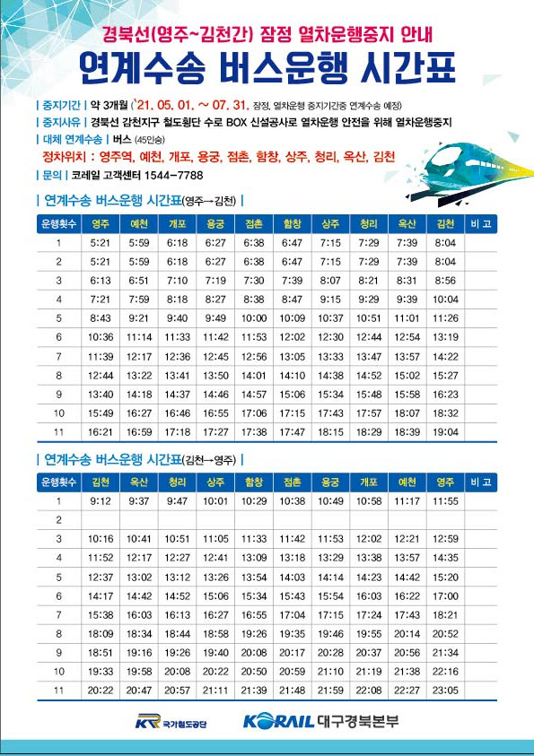 버스 운행 시간표. 한국철도 제공
