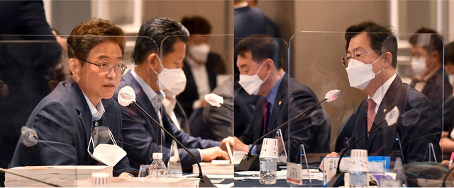 경북도와 지역 국회의원들이 14일 서울 켄싱턴호텔에서 내년도 국비확보를 위한 간담회가 열었다. 이철우(왼쪽) 경북도지사와 이만희 국민의힘 경북도당위원장(영천청도)이 발언하고 있다. 경북도 제공.