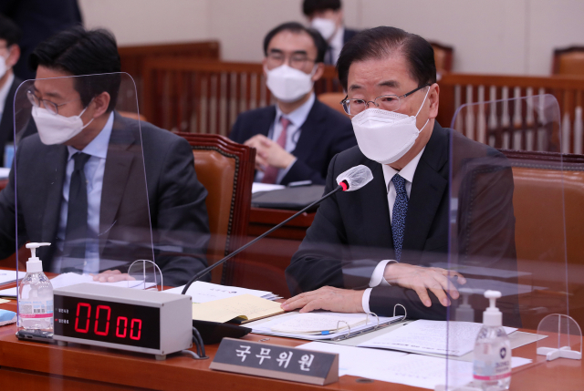 정의용 외교부 장관이 20일 오전 서울 여의도 국회에서 열린 외교통일위원회 전체회의에서 질의에 답변하고 있다. 연합뉴스