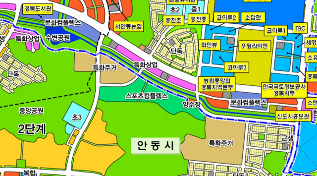 경북도청 신도시 토지이용계획도 가운데 스포츠컴플렉스가 위치한다. 경북개발공사 제공