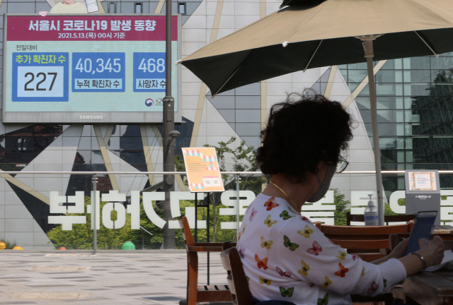 서울에서 발생한 신종 코로나바이러스 감염증(코로나19) 신규 확진자 수가 227명으로 집계됐다고 서울시가 13일 밝혔다. 초여름 날씨를 보인 이날 서울시청 부근 휴게공간에서 시민이 무더위를 피해 휴식하고 있다. 연합뉴스