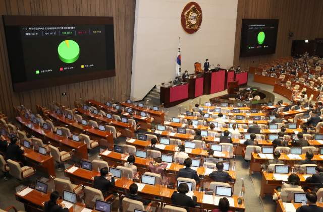 21일 오전 서울 여의도 국회 본회의장에서 열린 제387회국회(임시회) 제2차 본회의에서 5.18민주유공자예우 및 단체설립에 관한 법률 일부개정법률안이 통과되고 있다. 연합뉴스