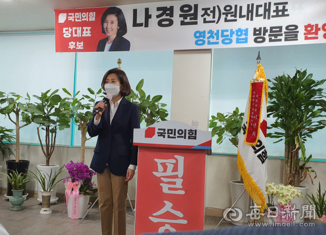 국민의힘 당 대표 출마에 나선 나경원 전 의원이 영천당협을 방문해 당원들에게 인사말을 하고 있다. 강선일기자