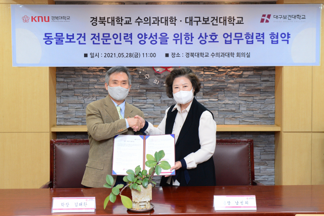 지난달 28일 경북대 수의과대학 김태환 학장(왼쪽)과 대구보건대 남성희 총장이 상호 협력을 위한 협약식을 체결했다. 대구보건대 제공