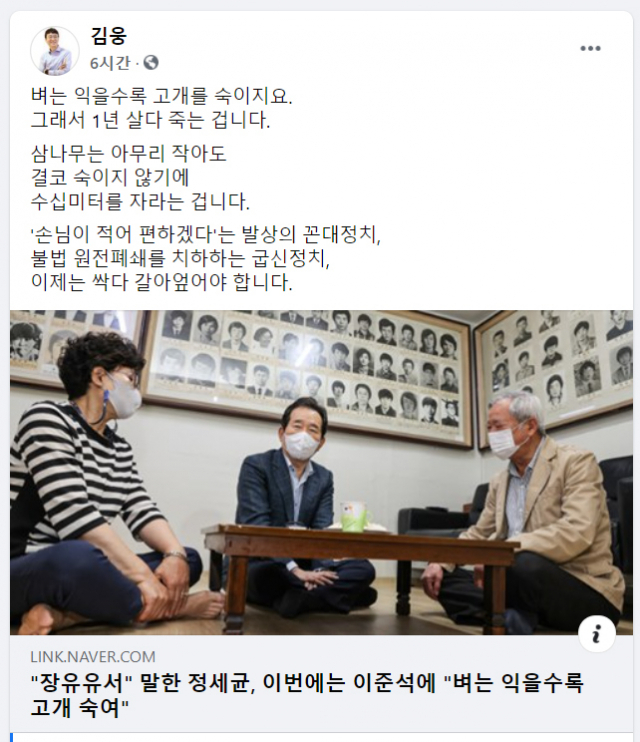 국민의힘 김웅 의원 페이스북 글. 화면 캡쳐