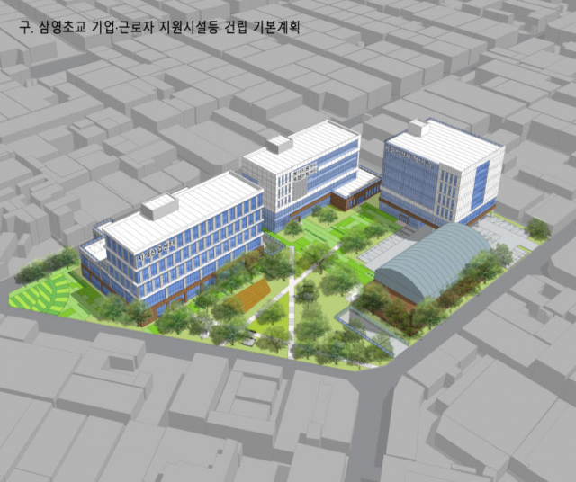 대구 북구 3산단 내 구 삼영초 부지에 들어설 지원시설 조감도. 왼쪽부터 지식산업센터, 혁신지원센터 및 복합문화센터, 사회적경제 혁신타운. 대구시 제공
